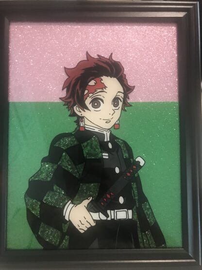 Demon Slayer Tanjiro Komado 10 x 13 Hand Painted photo frame glass with glitter paint